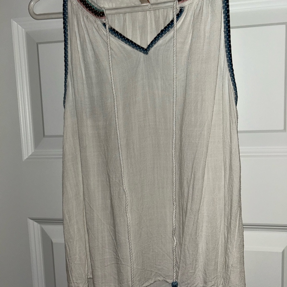 Cream Sleeveless Top with Blue Trim